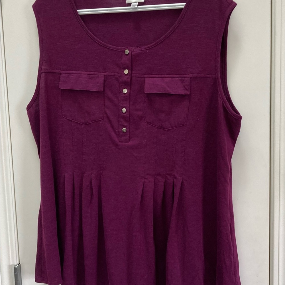 Avenue Purple Tank Top with Button Detail and Front Pockets